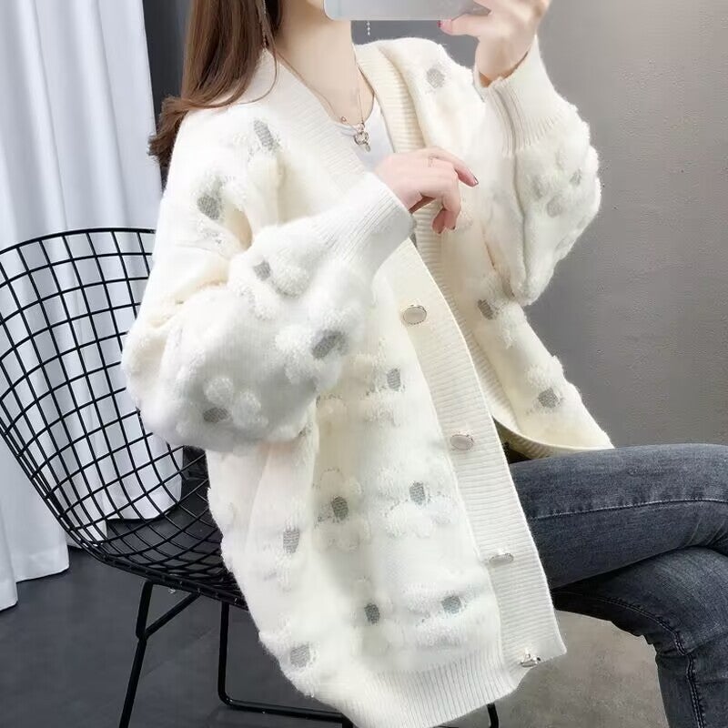 Knitted Cardigan Women'S Contrast Loose Outer Wear New Style Towel Embroidered Hook Sweater Women'S Coat - Image 2